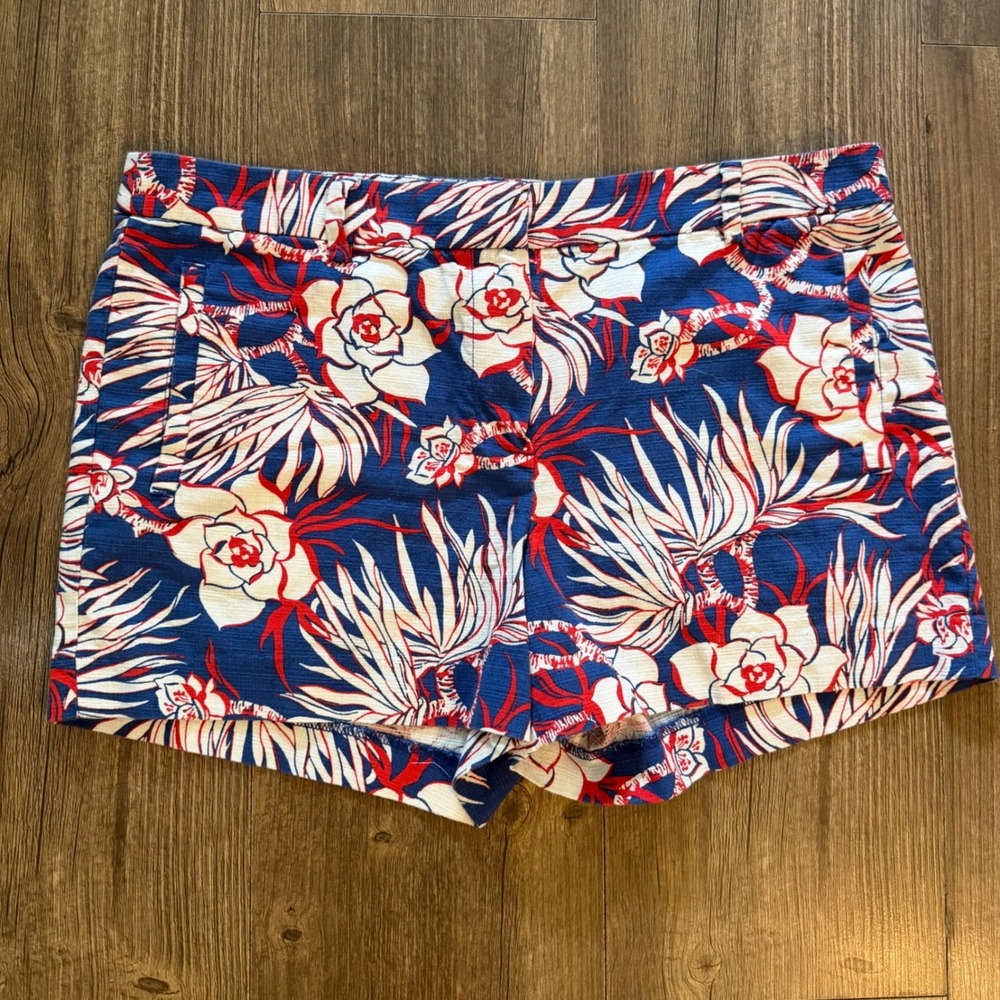 J.Crew Chino Shorts Womens 12 Blue Red White Tropical Floral Cotton Blend 3.5"